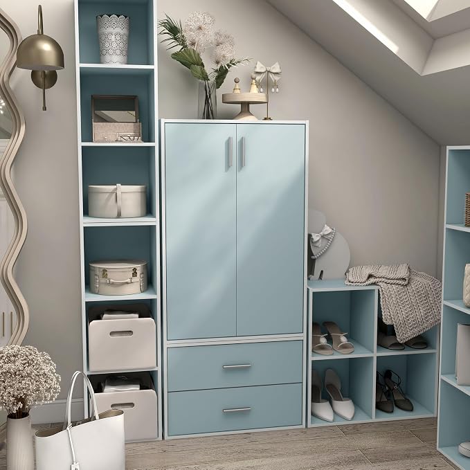 Homes: Inside + Out Apexa 3-Tier Stackable Wood Bookcase with Doors, Cube Storage Organizer Shelves, Small Food Pantry Cabinet, Dorm Teen Room Decor & Bedroom, Home Office, Kitchen, Light Blue - Image 7