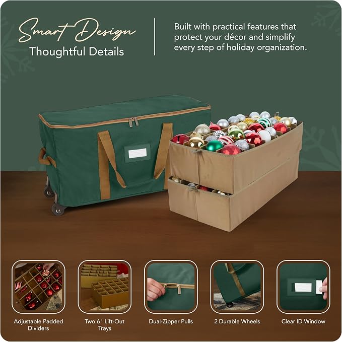 Covermates Keepsakes Rolling Adjustable Ornament Storage Bag – Heavy-Duty Polyester, FlexGrid Trays & Padded Dividers – Protective Holiday Organizer with Wheels, Handles & ID Window, Green - Image 4