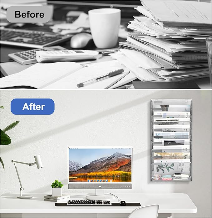 EasyPAG Wall File Holder 10 Tier Mesh Hanging Folder Organizer with Flat Tray Wall Mounted Mail Organizer Magazine Paper Desk Shelf with Nametag Label for Office Home School, Silver - Image 6