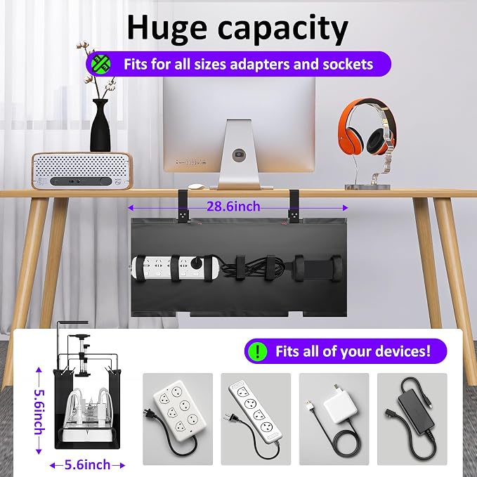 Under Desk Cable Management Tray - Under Desk Cord Management - Clamp/Screw Mount - Fabric Wire Management - Cable Raceways Tray Cord Hiders for Office/Home (Black, 28.6"×5.6") - Image 2