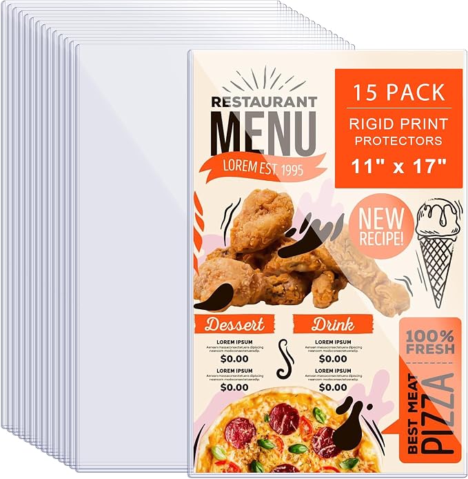 AKONEGE 15Pcs 11" x 17" Rigid Print Protectors Hard Plastic Sleeves for Prints, Menu Cover, Heavy Duty Sheet Poster Protectors Clear Plastic Sleeves for Paper Photos Documents Magazines, Vertical by AKONEGE
