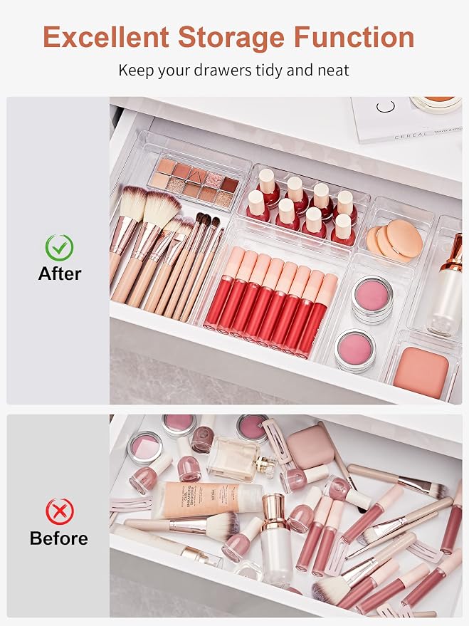 SMARTAKE 13 PCS Drawer Organizer 5-Size Desk Makeup Drawer Organizer Clear | Storage Trays for Makeup with Non Slip Silicone Pads, Jewelries, Utensils in Bedroom Dresser, Office, Kitchen and Bathroom - Image 4