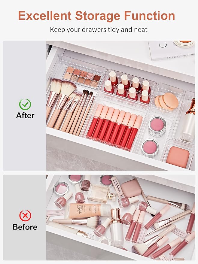 SMARTAKE 16 PCS Drawer Organizer, 5-Size Desk Bathroom Drawer Organizer | 5-Size Storage Tray with Non-Slip Silicone Pads for Makeup, Jewelries, Utensils in Bedroom Dresser, Office and Kitchen, Clear - Image 4