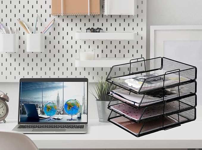 EXERZ Paper Sorter 4pcs Tier Stackable A4 Desk Organiser Letter Tray Black | Durable Metal Mesh Holds Papers Files Folders Notebooks And Magazines For Office Home Study Classroom Desks - Image 8