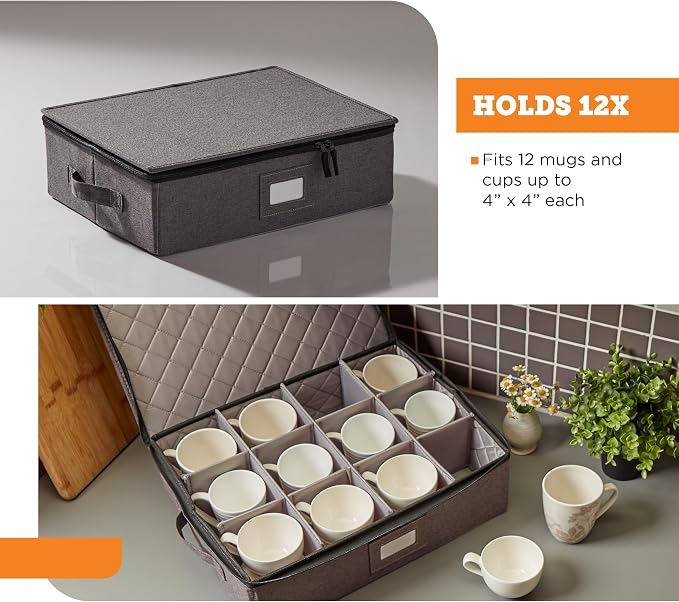 Cup & Mug Storage Case | Hard Shell Felt Dividers | Gray | Hard Shell Case Holds 12 Cups Or Mugs In 4x4 Felt Compartments. Stackable, Top-Load, Dual Handles. Also Fits Wine Glasses. - Image 3