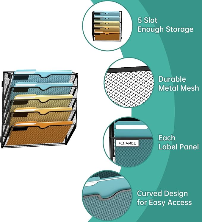 5 Tier Wall File Organizer, Hanging Wall Mounted Mail Organizer with Label Slots, Metal Mesh File Holder Magazine Rack for Office, Home, School or Classroom, Black - Image 3