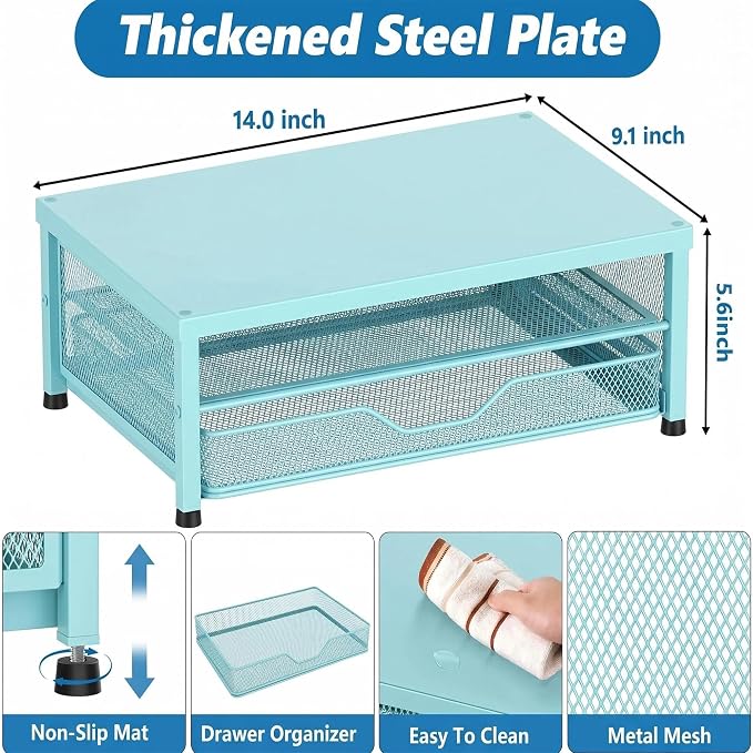 Computer Monitor Stand Riser, Desk Organizer with Drawer, Printer & Laptop Stand, Office Desk Accessories & Workspace Desktop Organizers Storage for Office Supplies(Blue) - Image 7