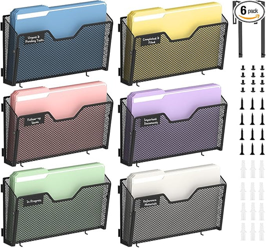 Wall File Organizer, 6 Pack Metal Wall File Holders, Black | Wall organizer with mesh pockets, label panels and hook or screw mounting for A4 and letter files at home, office or school by Unknown