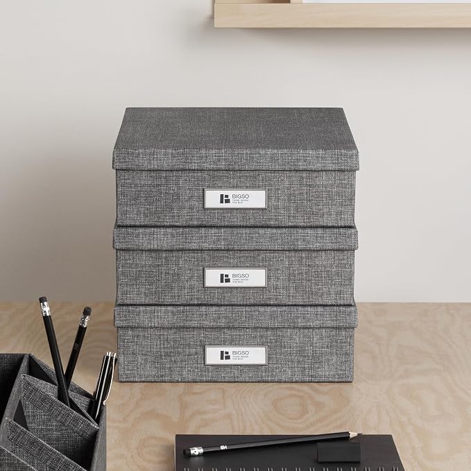 Bigso Oskar Canvas Fiberboard Document Letter Box for Important Paperwork A4 or Letter Size - Durable Keepsake Box with Lid and Metal Label Holder - 3.3in x 10.2in x 13.8in - Melange Grey - Image 6