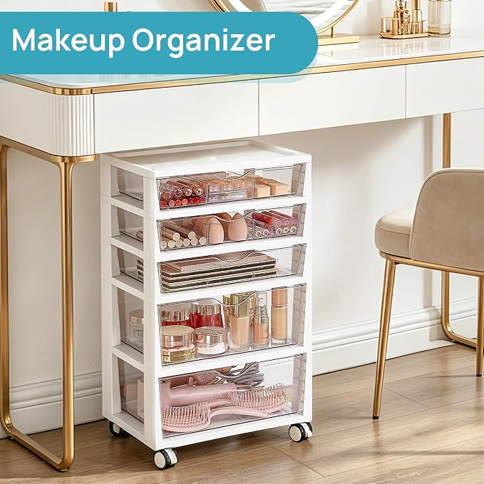 Vtopmart 5-Tier Plastic Drawer Storage Rolling Cart with Wheels | Clear Drawers with Multiple Sizes Keep Supplies visible. Sturdy for Under Desk, Office, Makeup , Crafts & Art Storage - Image 7