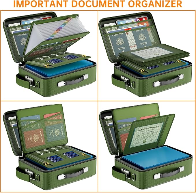 DocSafe Fireproof Document Box with Lock＆Shoulder Strap,Hard Case File Organizer with Accordion File Folder,Multi-Layer Portable Home Office Travel Safe Storage for Important Documents Laptop Green - Image 6