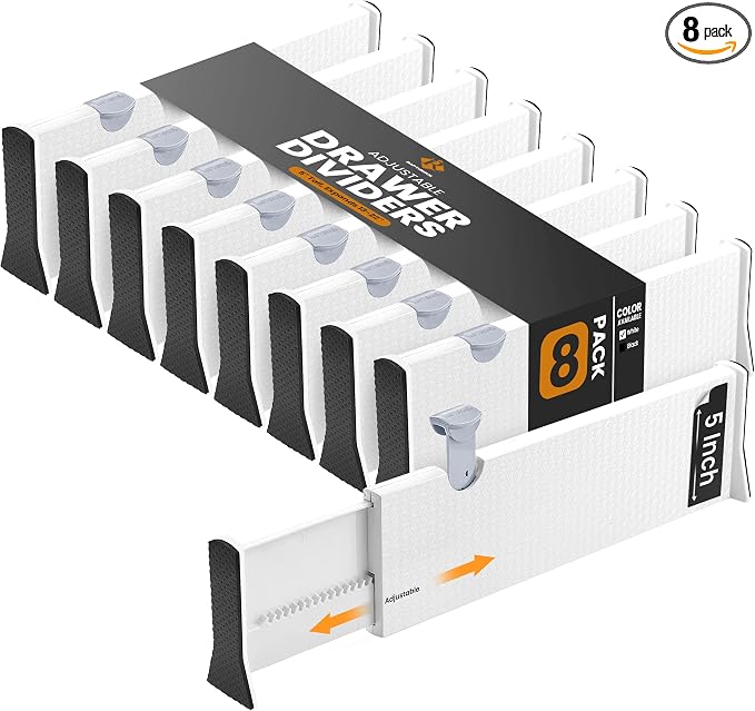 RAPTUROUS Deep Drawer Dividers 8 Pack, 5 Inch Tall, 13-22 Inch Long Expandable, Adjustable Drawer Organizer for Clothing, Dresser, Kitchen, Strong Hold, Soft Foam Edges, White by Rapturous