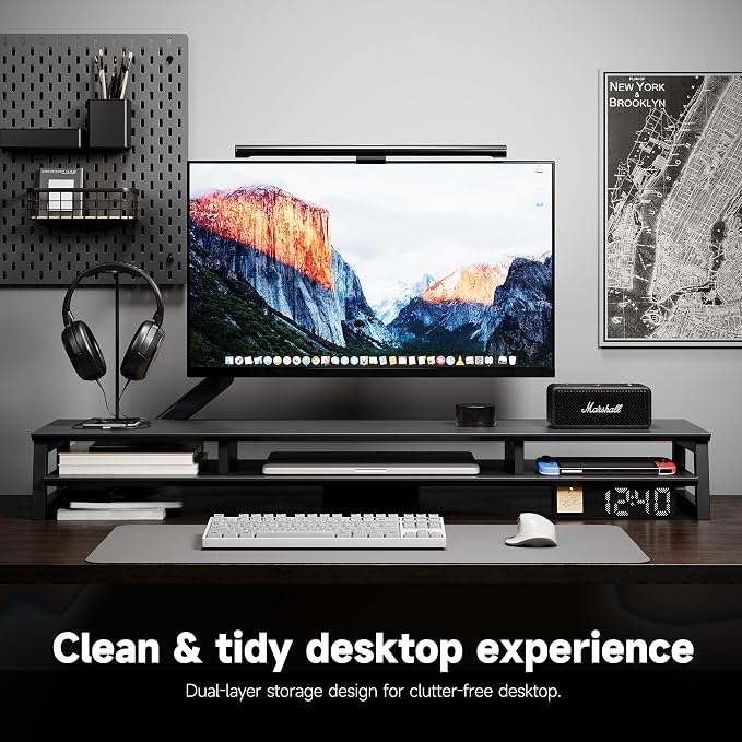 Dual Monitor Stand Riser for Desk, 41.7 Inch Large 2 Tier Computer Monitor Stand for 2 Monitors, Desktop Storage Organizer Shelf with Keyboard Space for Laptop PC Printer, Black - Image 3