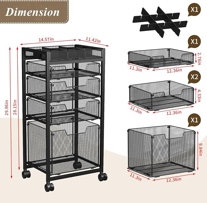 Rolling File Cart with 4 Storage Drawers, Under Desk Organizer with DIY Divider, Moblie Filing Cabinet on Wheels, Fits A4/Letter Size, Metal Utility Cart for Home Office, Black - Image 7