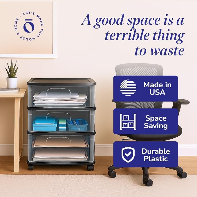HOMZ Drawer Tower, 3-Tier Storage Cart with Removable Wheels, White Frame | Wide Plastic Organizer with Clear Bin Drawers for Bedroom, Bathroom, Home Office, and Dorm Rooms - Image 7