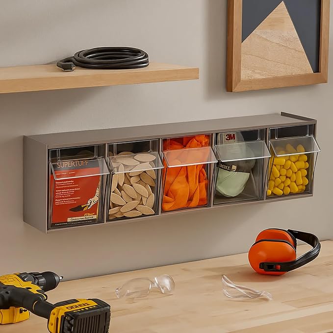 Akro-Mils TiltView Plastic Storage Cabinet with 5 Tilt Out Bins, Horizontal Plastic Parts Organizer, Teacher Toolbox, and Office Supply Organizer, 23-5/8" W x 6-1/2" H x 5-5/8" D, Mocha Raspberry - Image 2