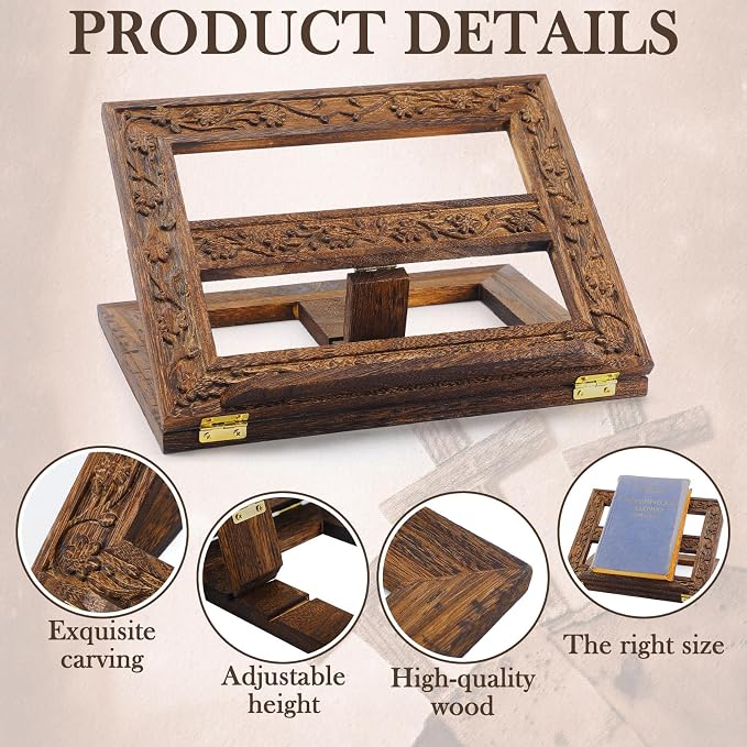 DoubleFill Adjustable Wooden Bible Stand Carved Bible Holder Missal Stand Book Display for Reading Folding Religious Prayer Wooden Holy Book Holder 12.99 x 10.04 Inches(Dark Brown) - Image 3