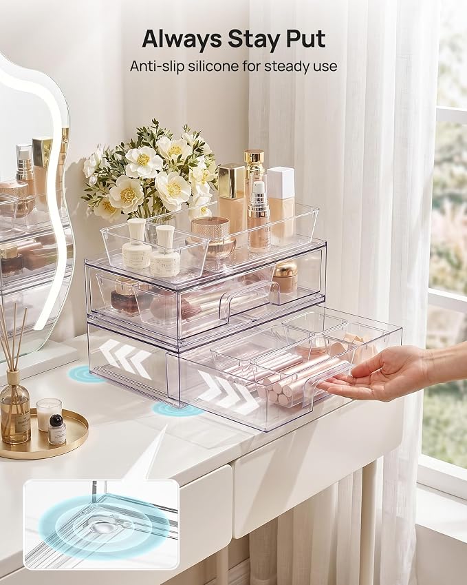 Vtopmart 12-Pack Clear Makeup Organizer Set with Drawer Organizer Bins | 2 Pack Stackable Storage Drawers & 10 Pack Drawer Organizer for Vanity Cosmetic, Bathroom Countertop, Desk - Image 7
