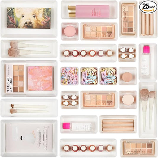 Vtopmart 25 Pack Plastic Drawer Organizers with Non-slip Rubber Pads | 4-Size Versatile Makeup Organizer, Storage Containers Small Bins for Makeup, Jewelries, Bedroom, Kitchen Utensils and Office by Vtopmart