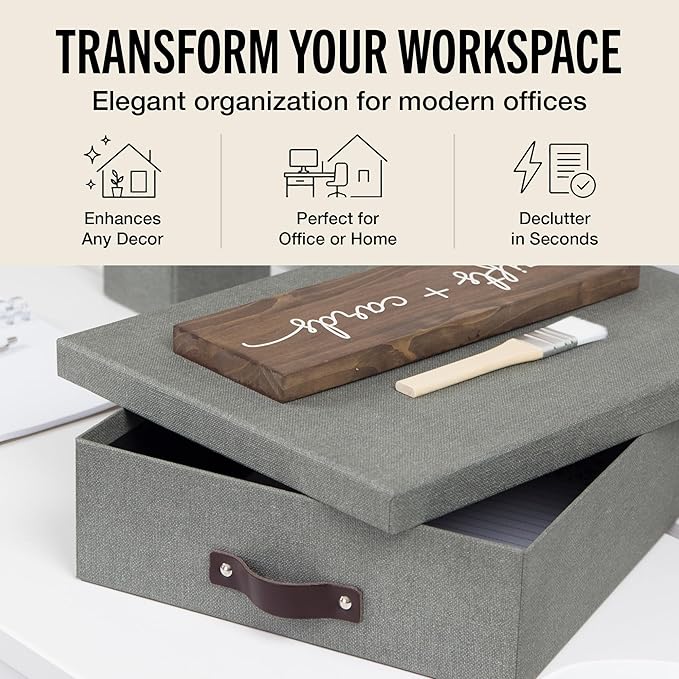 Bigso Box of Sweden Oskar Canvas Fiberboard Document Letter Box - File Organizer Box for Important Paperwork - Document Storage with a Lid & Handle - 3.3 in x 10.2 in x 13.8 in - 3 Pack - Grey - Image 2