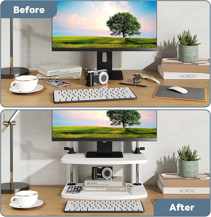 Computer Monitor Stand Riser for Reduced Neck Strain, Adjustable Height Desk Shelf Organizer Monitor Riser Stand for PC Monitor - Not for Laptop - Withe - Wood Grain, MR01-M - Image 5