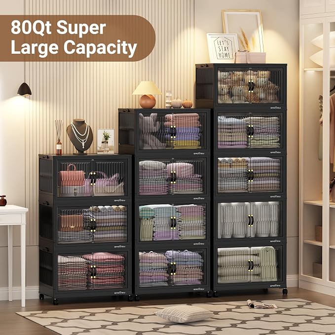 BROVIEW 320Qt Stackable Storage Bins with Lid, Extra Large Closet Organizer Collapsible Drawer Boxes with Wheels, Folding Plastic Cabinet Containers for Home Kitchen Room Organization, 4Pack Black - Image 6