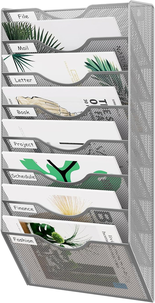 EasyPAG 8 Pocket Mesh Wall File Organizer, Hanging Paper Folder Holder with Classify Label, Vertical Wall Mount Mail Organizer for Office Home Classroom, Silver by EasyPAG
