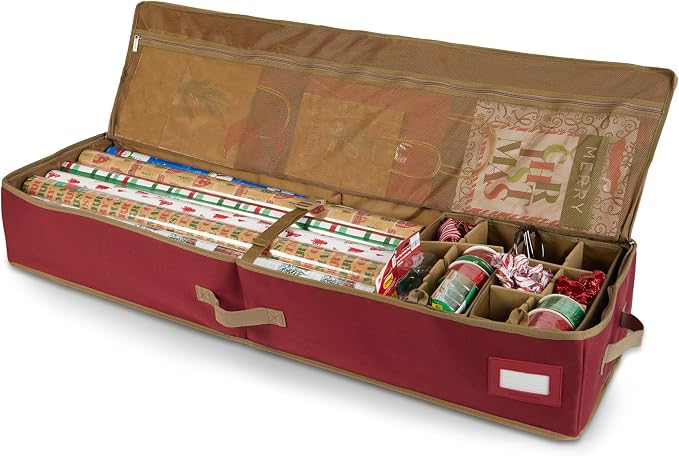 Covermates Keepsakes Gift Wrap Storage Organizer – Heavy-Duty Polyester with Buckle Straps & Interior Pockets – Holds Up to 15 Rolls of Gift Wrap with Handles & Label Window, Red by Covermates
