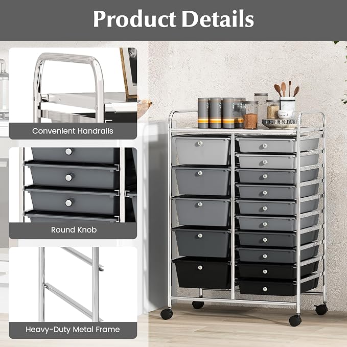 DORTALA 15-Drawer Rolling Storage Cart with Drawers, Rolling Utility Cart w/Removable Drawers & Universal Wheels, Tools Scrapbook Paper Organizer for School, Office, Home, Classroom (Gradient Black) - Image 7