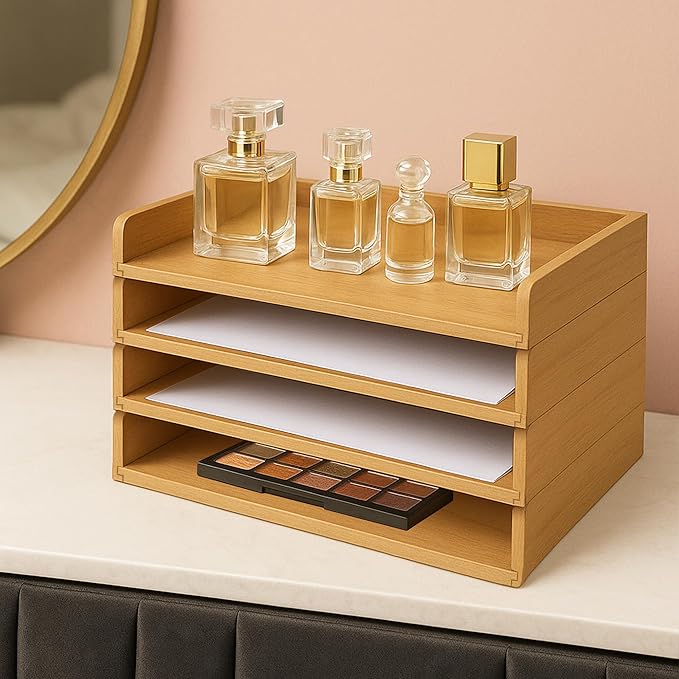 Wooden Paper Tray Organizer for Desk, Stackable Paper Holder and Letter Tray, 4-Tier Desktop File Storage Rack for Study,Home and Office (Oak, 14" x 9.5" x 2.5") - Image 6