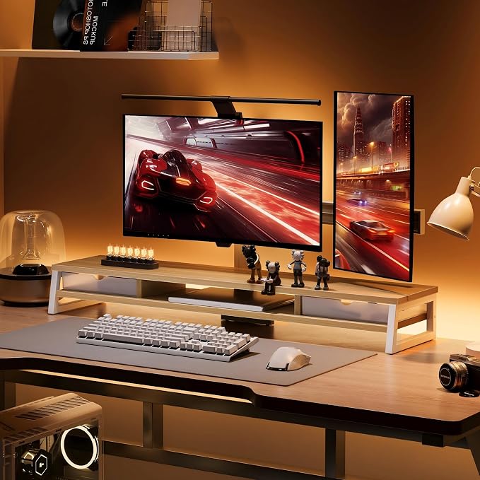 Fenge Dual Monitor Stand Riser, 42.5in Desk Shelf with 2 Drawers, Oak | 2-Tier Monitor Shelf for Desk, Storage Drawer with Stopper, Frosted, fit Home Office, Ultrawide Screen, PC, Laptop, TV - Image 6