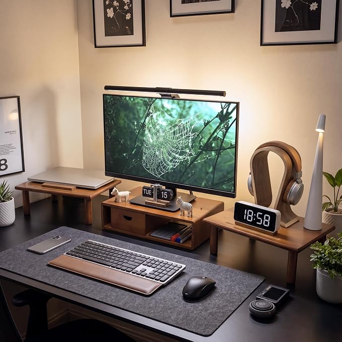 Dual Monitor Stand Riser with Drawer for Desk Laptop | Desk Shelf with Adjustable Length and Angle, Bamboo Computer Stand Riser for 2 or 3 Monitors Screen Laptop PC TV Brown by Rocdeer