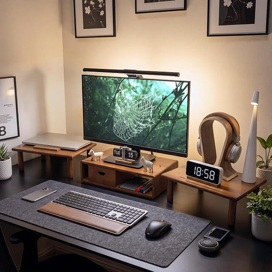 Dual Monitor Stand Riser with Drawer for Desk Laptop | Desk Shelf with Adjustable Length and Angle, Bamboo Computer Stand Riser for 2 or 3 Monitors Screen Laptop PC TV Brown by Rocdeer
