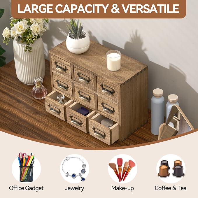 KIRIGEN Wooden Desk Organizer with 9 Drawers, Storage Cabinet, Brown | Solid Wood Desktop Organizer with Metal Label Handles for Office Supplies, Crafts, Tea Bags, Makeup, Fully Assembled - Image 9