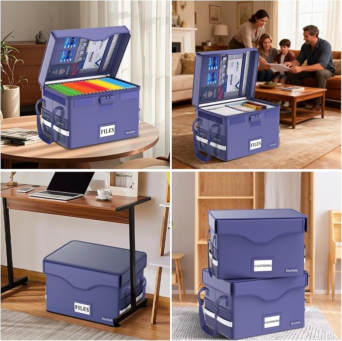 DocSafe 5200°F Fireproof Document Box with Lock,Heat Insulated File Organizer Storage with Pockets,Collapsible Portable Home Office File Safe Box with Handle for Hanging Letter/Legal Folders, Blue - Image 2