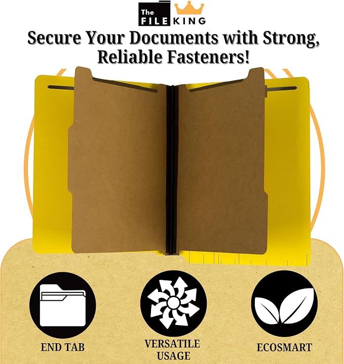 The File King Two Divider Pressboard Classification Yellow File Folder - Letter Size | Box of 10 | End Tab | 2” Expansion | Six 2-Inch Fastener Prongs | Made in America - Image 3