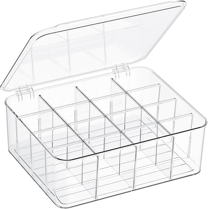 Sock Underwear Organizer, 16 Compartment Adjustable Dividers Tie Socks Underwear Drawer Organizers for Closet, Clear Plastic Storage Containers Box with Lids for Ties Scarf Socks Bras by Unknown