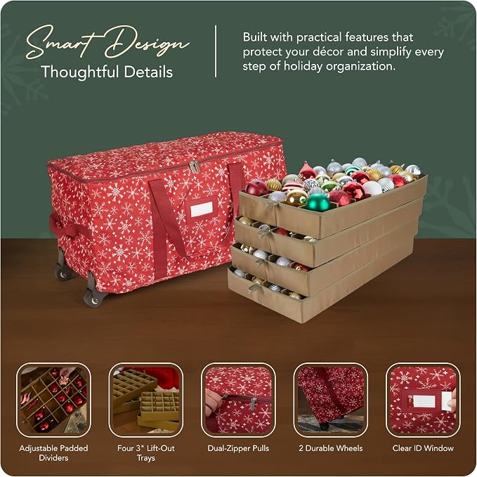 Covermates Keepsakes Rolling Adjustable Ornament Storage Bag – Heavy-Duty Polyester, FlexGrid Trays & Padded Dividers – Protective Holiday Organizer with Wheels, Handles & ID Window, Red Snowflake - Image 4
