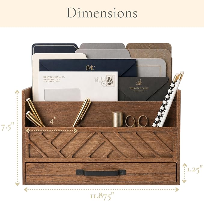 BLU MONACO | Wooden Mail Organizer with Drawer and Compartments | Mail Sorter Organizer Countertop for Desk Entryway | Outgoing Mail Holder Wood Desktop File Storage - Image 7