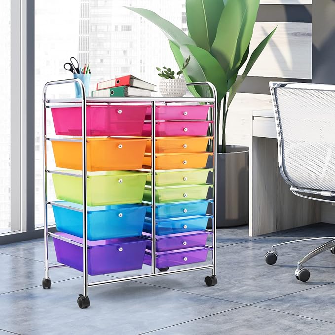 COSTWAY 15 Drawer Rolling Storage Cart, Mobile Storage Organizer | Removable Drawers & Metal Frame, Multipurpose Utility Tools Paper Organizer on Wheels for Home, Office (Rainbow) - Image 8