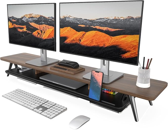 Fenge Dual Monitor Stand Riser, Wooden Desk Shelf with 2-Tier Storage | 47.2-Inch Extra Wide, Sturdy Aluminum Legs, Built-In Phone & Tablet Slot, Desktop Organizer for Office Accessories by Fenge