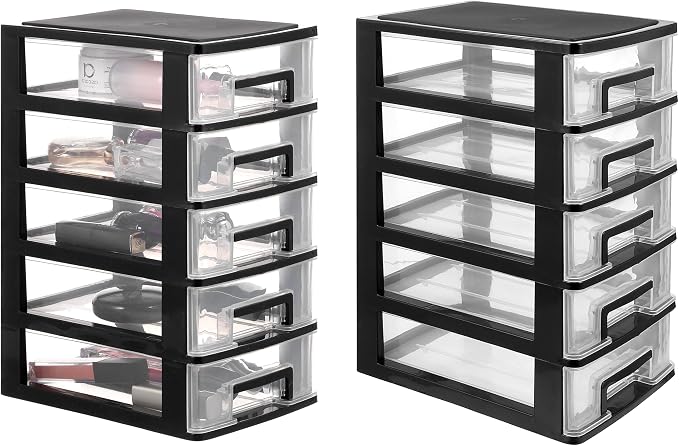 Cabilock Storage Drawers Desk Organizer with 5 Drawers:2pcs Clear Plastic Desk Storage Box Mini Storage Bin Container Case for, Storing Craft, Accessory, Stationery Jewelry Organizer Stand by cabilock