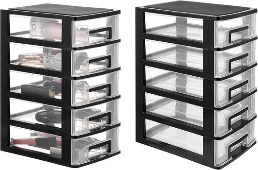 Cabilock Storage Drawers Desk Organizer with 5 Drawers:2pcs Clear Plastic Desk Storage Box Mini Storage Bin Container Case for, Storing Craft, Accessory, Stationery Jewelry Organizer Stand by cabilock