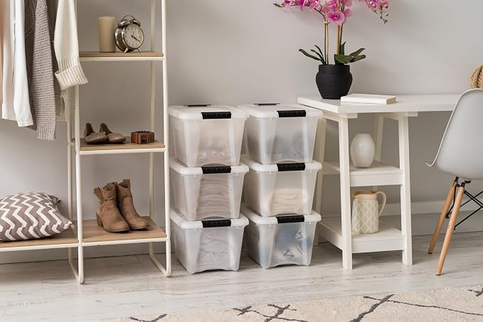 IRIS USA 6-Pack 19 Quart Storage Bins with Lids, Pearl | Conceals contents for a clean look. Great for linens, décor, closet storage, and supplies. Nestable design saves space - Image 5