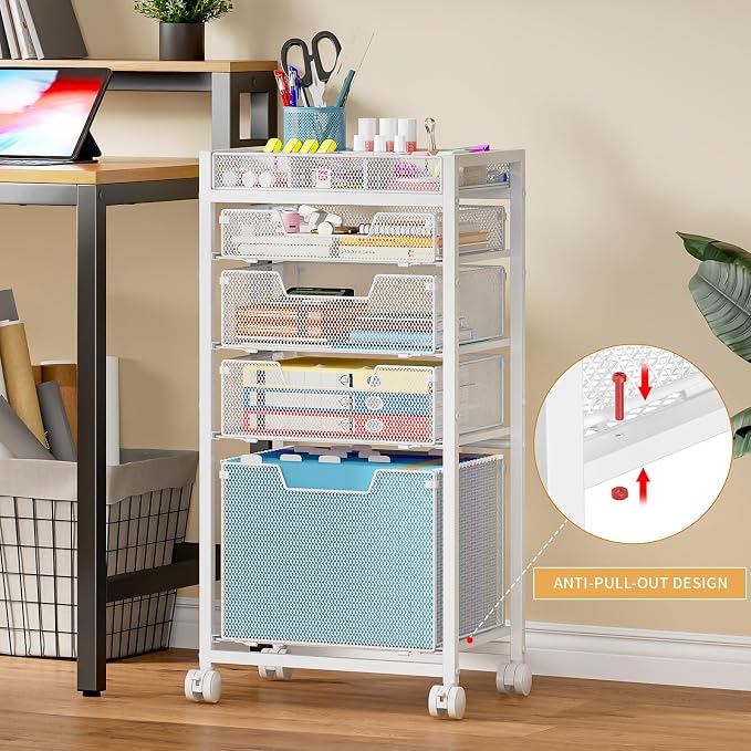 Rolling File Cart with 4 Storage Drawers, Under Desk Filing Cabinet with DIY Divider, Hanging File Folder Organizer on Wheels, Fits A4/Letter Size, Metal Utility Cart for Home Office, White - Image 4