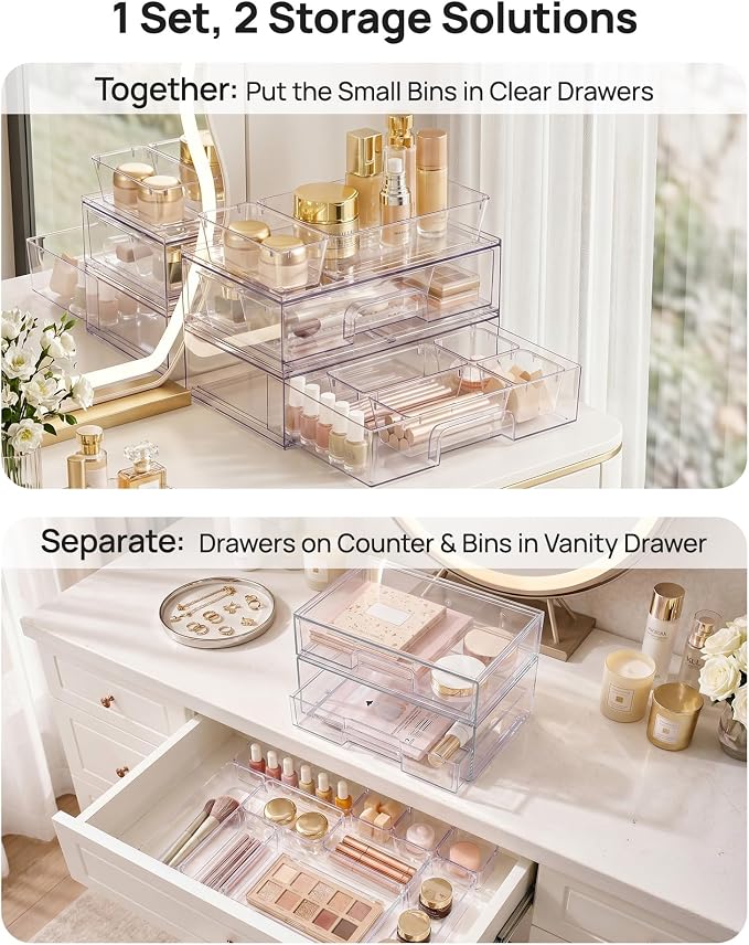 Vtopmart 12-Pack Clear Makeup Organizer Set with Drawer Organizer Bins | 2 Pack Stackable Storage Drawers & 10 Pack Drawer Organizer for Vanity Cosmetic, Bathroom Countertop, Desk - Image 4