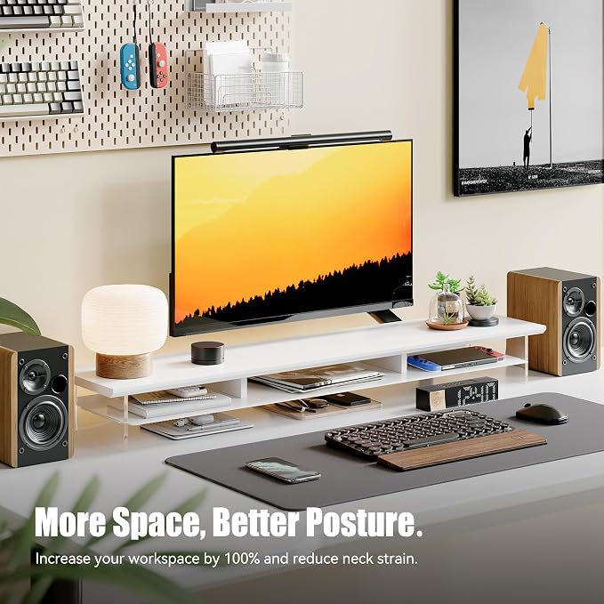 FENSULN Dual‑Tier Monitor Stand for Modern Desk Setup – Minimalist Wooden and Metal Riser Shelf with Transparent Acrylic Feet for Dual Monitors, Laptops, Home Office Aesthetic，White - Image 3