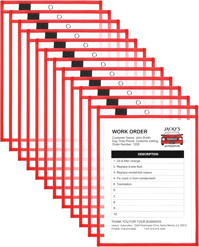 Nezyo Dry Erase Pockets Plastic Job Ticket Holders Shop Holder Order Pockets Clear Sleeves Tickets Folders Plastic Sleeves Paper Teacher Supplies for Classroom(14 x 10 in,Red,12 Pcs) by Nezyo