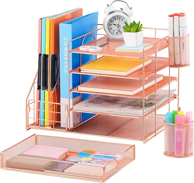 Marbrasse Rose Gold Desk Organizer with File Holder, 5-Tier Paper Letter Tray Organizer and Drawer, Mesh Desktop Storage with Magazine Holder for Office Supplies - Image 2