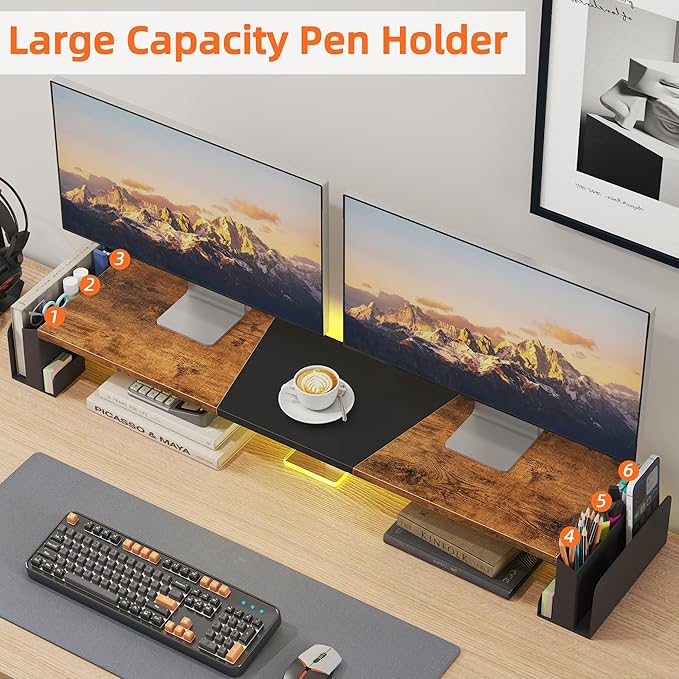 WESTREE Dual Monitor Stand Riser with Storage, Computer Monitor Riser with Adjustable Angle and LED, Desktop Monitor Stand Organizer for Computer, Laptop, Printer - Image 4